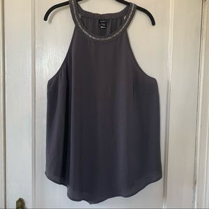 Beaded High Neck Line Crepe Tank Top in Medium Grey - 14/16